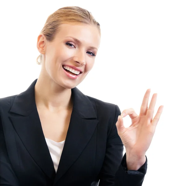 Businesswoman with okay gesture, isolated — Stock Photo, Image