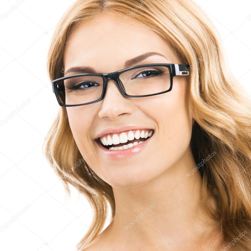 Cheerful smiling woman in glasses, isolated 