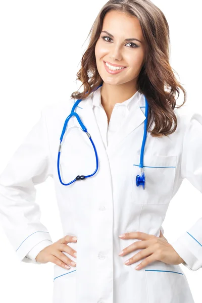 Felice sorridente medico femminile, sopra bianco — Foto Stock