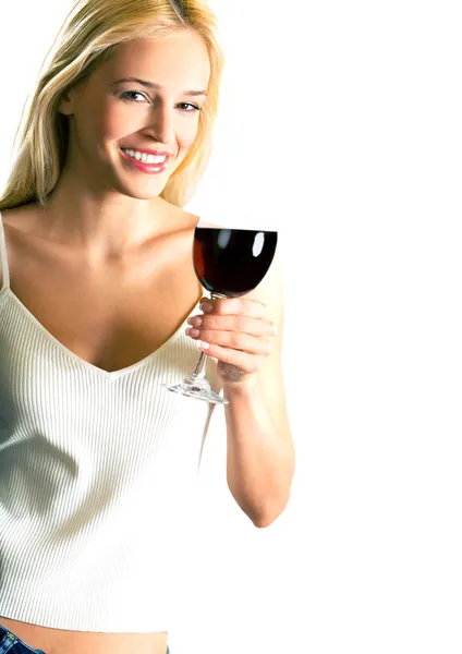 Ελκυστική ευτυχής χαμογελαστό ξανθιά κοπέλα με ποτήρι κόκκινο κρασί, — Φωτογραφία Αρχείου