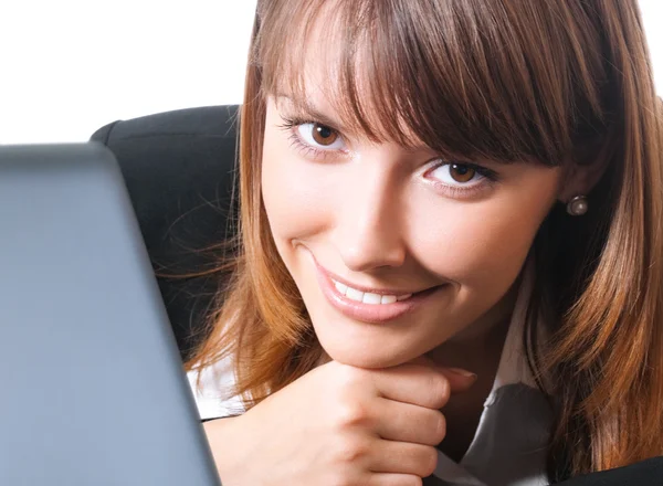 Businesswoman with laptop, isolated — Stock Photo, Image