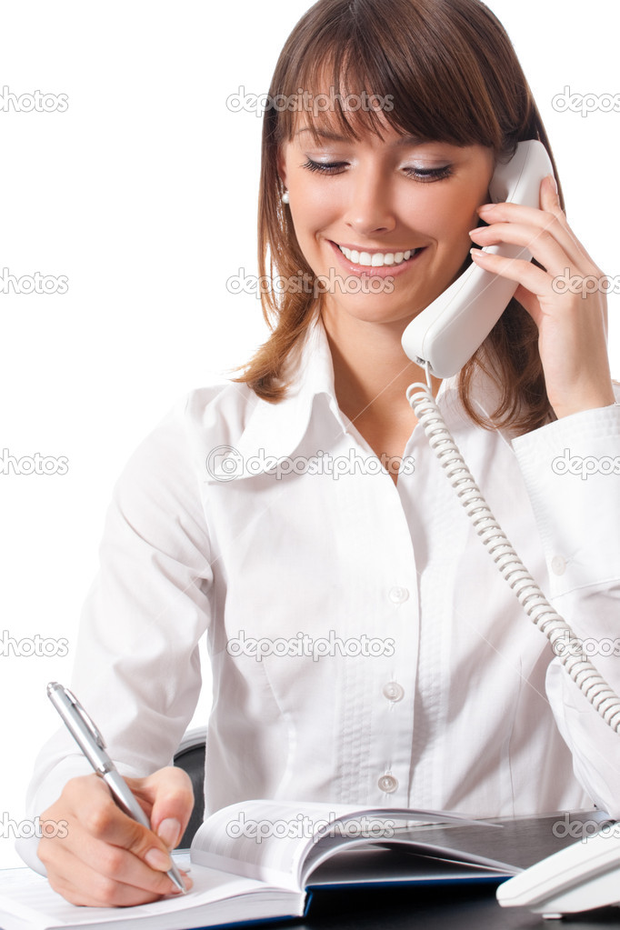 Businesswoman with phone, isolated