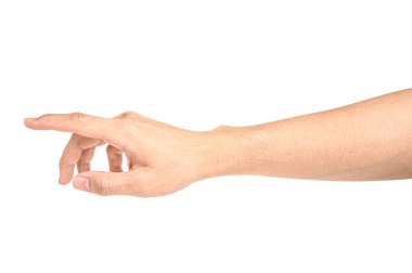 Dokunmadan veya kırpma yolu ile beyaz arka plan üzerinde izole bir şey işaret eden el kadar kapatın.