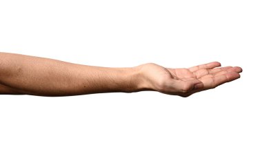 El açın ve yardım veya almak için hazır. Kırpma yolu ile beyaz arka plan üzerinde izole jest. Yardım için kurtuluş uzanmış eli.