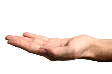 El açın ve yardım veya almak için hazır. Kırpma yolu ile beyaz arka plan üzerinde izole jest. Yardım için kurtuluş uzanmış eli.