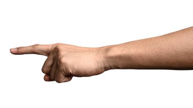 Dokunmadan veya kırpma yolu ile beyaz arka plan üzerinde izole bir şey işaret eden el kadar kapatın.