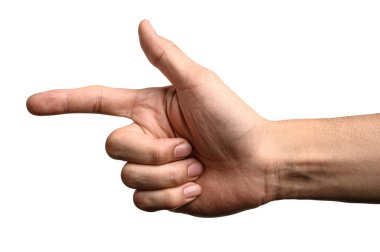 Dokunmadan veya kırpma yolu ile beyaz arka plan üzerinde izole bir şey işaret eden el kadar kapatın.