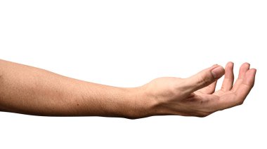 El açın ve yardım veya almak için hazır. Kırpma yolu ile beyaz arka plan üzerinde izole jest. Yardım için kurtuluş uzanmış eli.