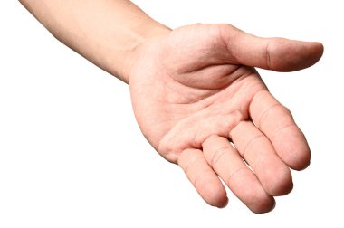 El açın ve yardım veya almak için hazır. Kırpma yolu ile beyaz arka plan üzerinde izole jest. Yardım için kurtuluş uzanmış eli.