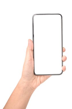 Kapalı el ele tutuşan telefon kesme yolu ile beyaz arka planda izole edildi. Medyanızı göstermek için kullanabilirsiniz.