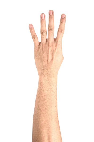 Închideți Mâna Arată Degetul Numărul Patru Izolat Fundal Alb Cale — Fotografie, imagine de stoc