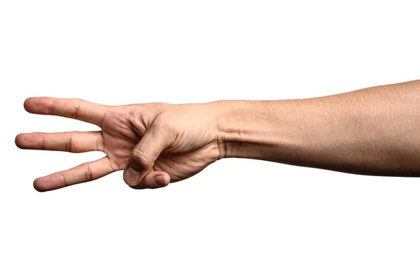 Κοντινό Χέρι Δείχνει Δάχτυλο Νούμερο Τρία Απομονωμένο Λευκό Φόντο Μονοπάτι — Φωτογραφία Αρχείου