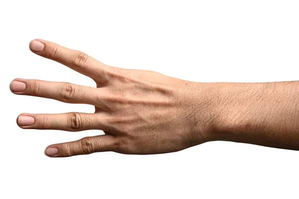 Fechar Mão Mostrar Dedo Número Quatro Isolado Fundo Branco Com — Fotografia de Stock