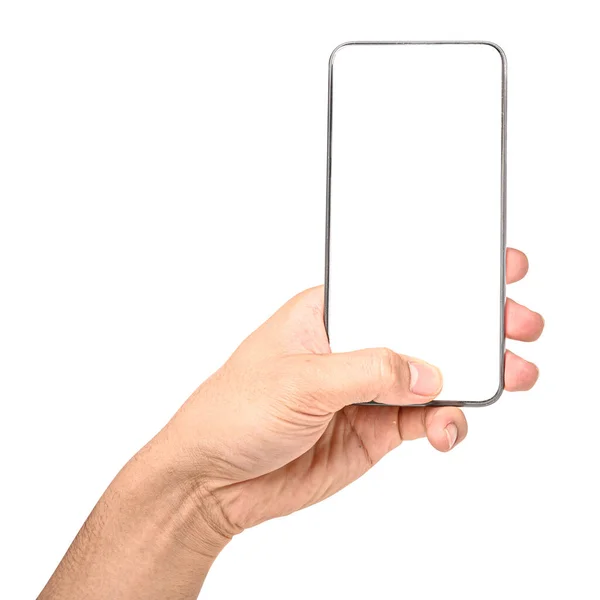 Close Hand Hält Telefon Isoliert Auf Weißem Hintergrund Mit Clipping — Stockfoto
