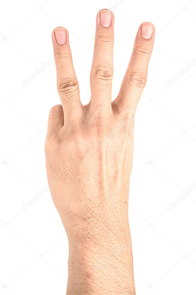 Close up hand show finger number three isolated on white background with clipping path. More numbers in my portfolio.