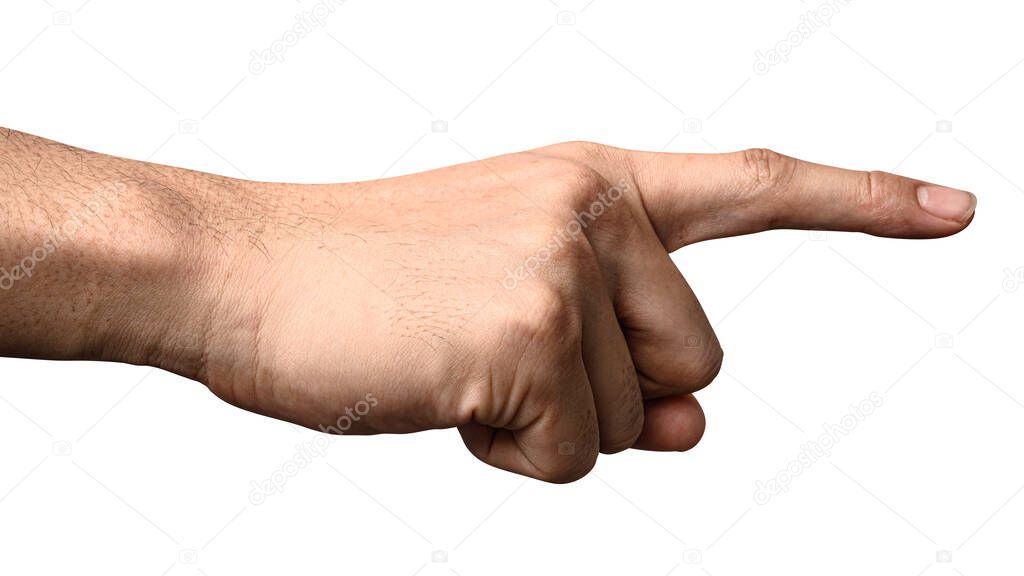 Close up hand touching or pointing to something isolated on white background with clipping path.