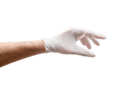 Doktor elini şişe gibi bir şeyle kapat ya da kesme yolu olan beyaz bir arka planda izole et..