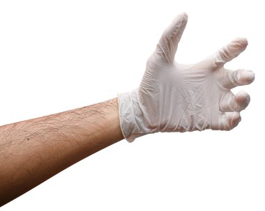 Doktor elini şişe gibi bir şeyle kapat ya da kesme yolu olan beyaz bir arka planda izole et..