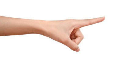 Dokunmadan veya kırpma yolu ile beyaz arka plan üzerinde izole bir şey işaret eden el kadar kapatın.