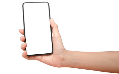 Kapalı el ele tutuşan telefon kesme yolu ile beyaz arka planda izole edildi. Medyanızı göstermek için kullanabilirsiniz.