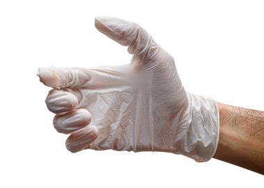 Doktor elini şişe gibi bir şeyle kapat ya da kesme yolu olan beyaz bir arka planda izole et..