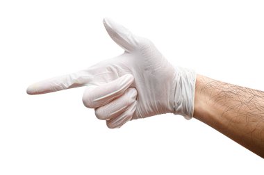 Doktorun elini yakın tutun ya da kesme yolu olan beyaz arkaplanda izole bir şeye işaret edin.