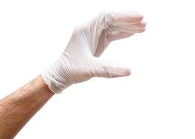 Doktor elini şişe gibi bir şeyle kapat ya da kesme yolu olan beyaz bir arka planda izole et..