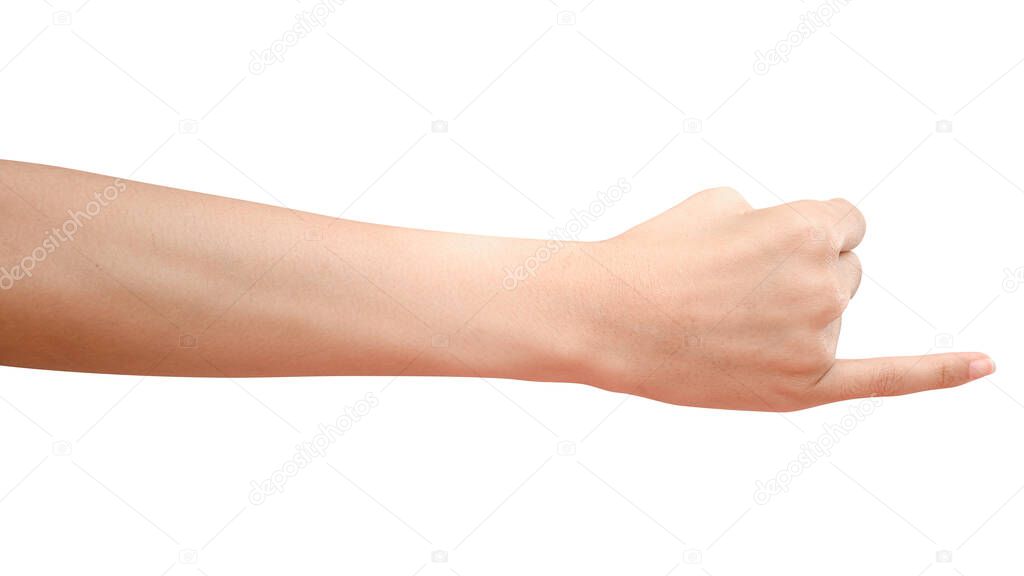 Closeup of hand showing little finger  sign isolated on white background with clipping path.