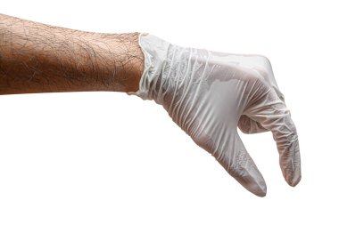 Doktor elini şişe gibi bir şeyle kapat ya da kesme yolu olan beyaz bir arka planda izole et..