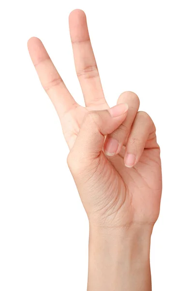Närbild Hand Visar Finger Nummer Två Isolerad Vit Bakgrund Med — Stockfoto
