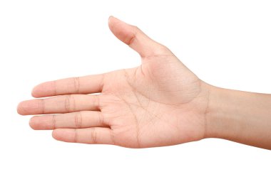 El açın ve yardım veya almak için hazır. Kırpma yolu ile beyaz arka plan üzerinde izole jest. Yardım için kurtuluş uzanmış eli.