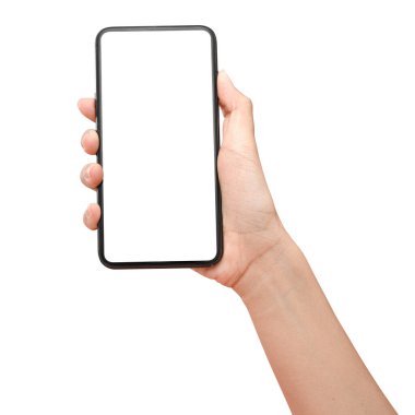 Kapalı el ele tutuşan telefon kesme yolu ile beyaz arka planda izole edildi. Medyanızı göstermek için kullanabilirsiniz.