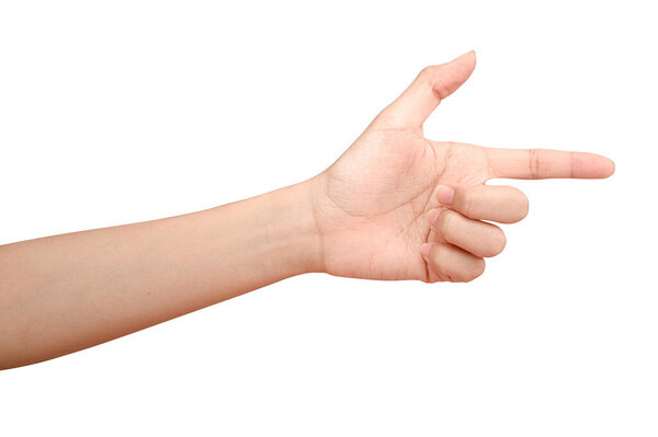 Закройте руку касаясь или указывая на что-то изолированное на белом фоне с обрезкой пути
.