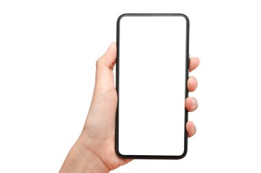 Kapalı el ele tutuşan telefon kesme yolu ile beyaz arka planda izole edildi. Medyanızı göstermek için kullanabilirsiniz.