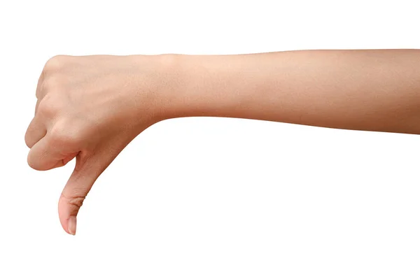 Närbild Handen Visar Tummen Ner Tecken Isolerad Vit Bakgrund Med — Stockfoto