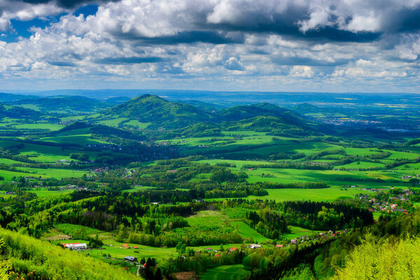 View of the hilly spring landscape in the Beskydy foothills