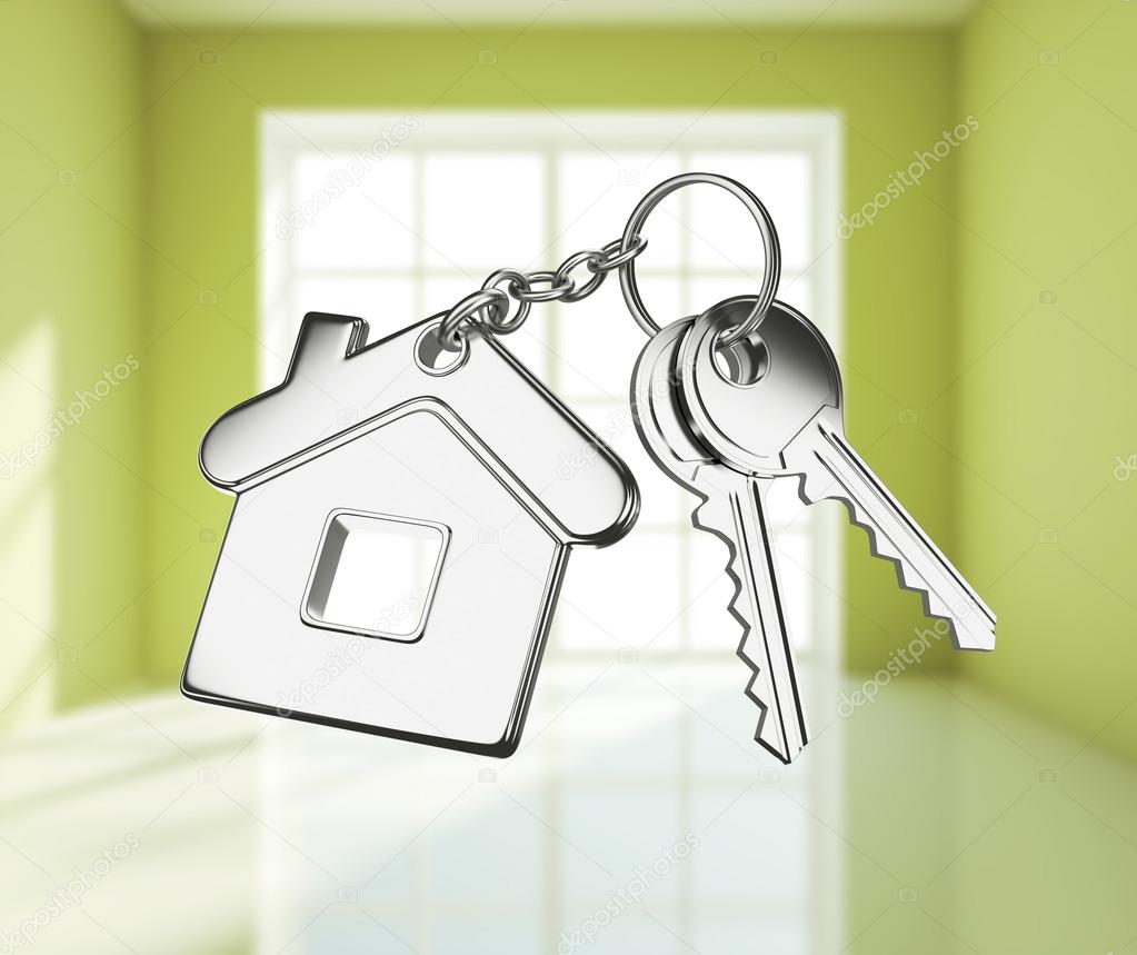 Key with keychain on white rooms