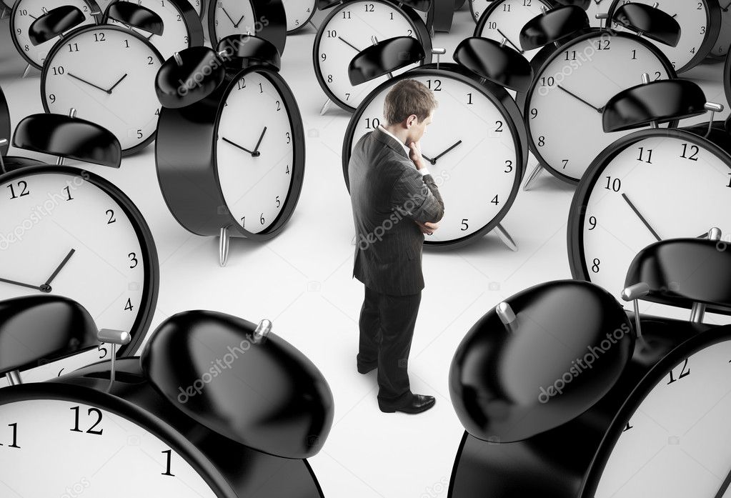 man and clocks