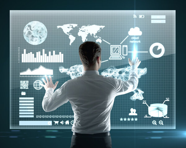 man presses interface