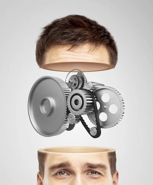 Half head and metal gears — Stock Photo, Image