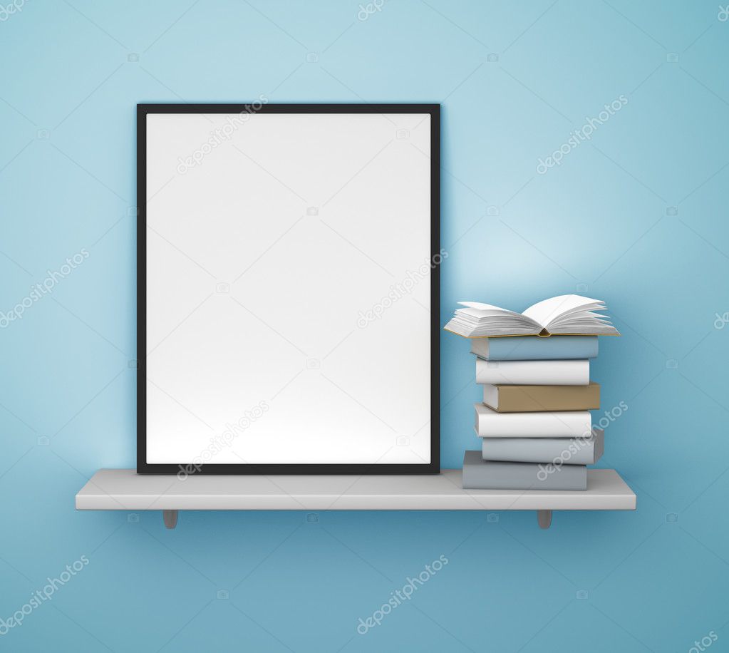 shelf with frame and book