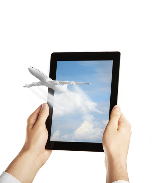 Tablet met vliegtuig — Stockfoto