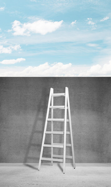 Wooden ladder standing on wall and sky