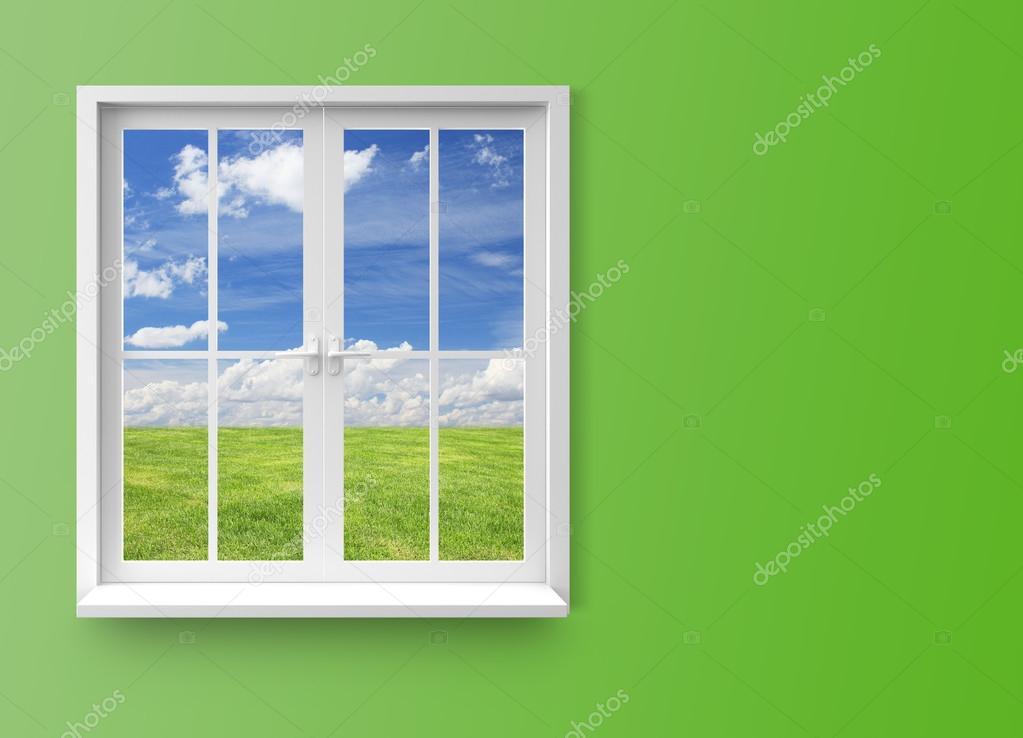 зеленая рама окна. окно на зеленом фоне. окно с видом на природу. оконная рама. окно на зеленом фоне.