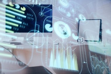 Veri teması çizimi ve ofis içi arka planına çoklu maruz kalma. Teknoloji kavramı.