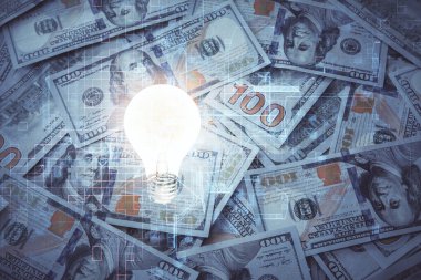 Arka planda Amerikan Doları 'na çekilen ampulün iki katı yansıması. Fikir kavramı.