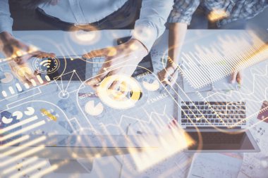 Kadın ve erkeğin birlikte çalışması ve teknoloji temalı çizimler. Bilgisayar arkaplanı. Üst Manzara. Yüksek teknoloji konsepti.