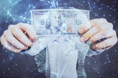 Beynin holograma maruz kalması, bize dolar banknotları ve insan eli çizmesi. Ai yatırım konsepti