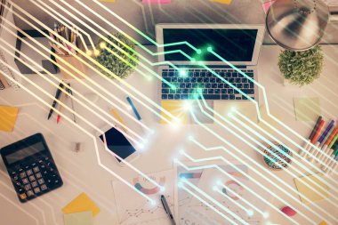 Çalışma masası arkaplanının üstünde bilgisayarla hologram çizen veriye çifte maruz kalma. Ai kavramı.