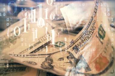 İki kez veri temasına maruz kalınca dolar banknotları arka planda kalıyor. Teknoloji konsepti.
